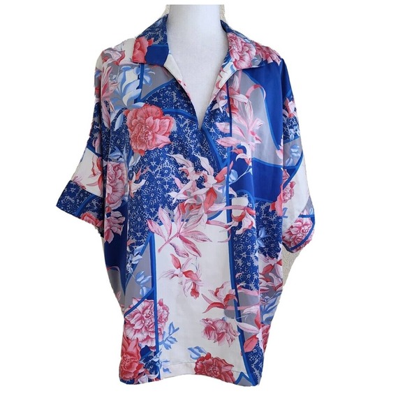 Natori Tops - Natori blue Pink white Floral Tunic Top XL Lounge Asian loose fit blouse art